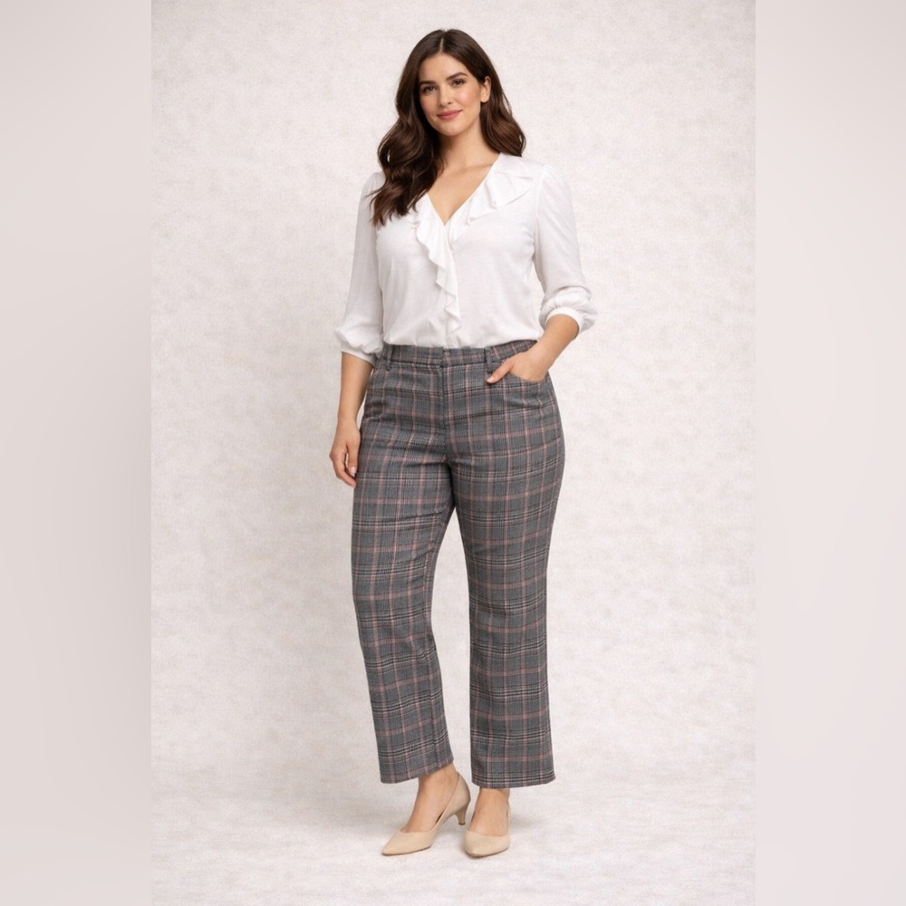 Plaid Ankle-Length Cropped Pants - Gray with Pink Windowpane